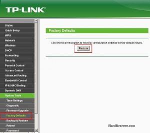 Factory reset from web based control